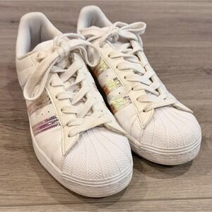 Adidas Shoes Womens 8 Superstar Sneakers White Round Iridescent Stripes FX7565